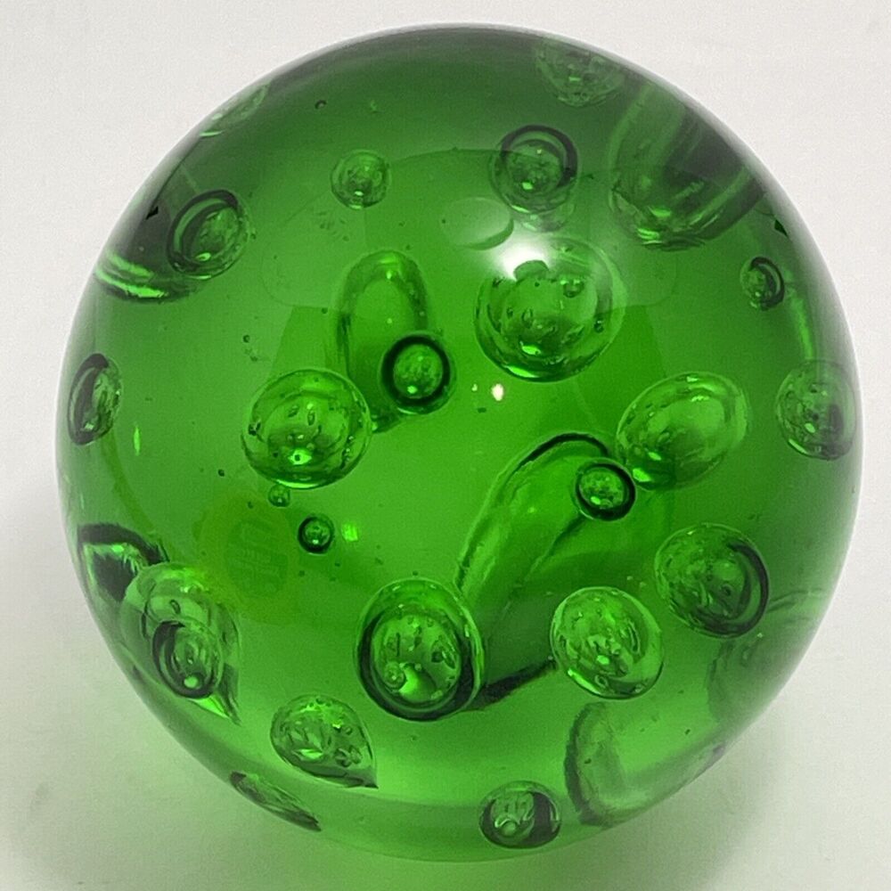 Vintage Emerald Green Glass 2 1/2" Paperweight Bubbles Sphere Bullicante